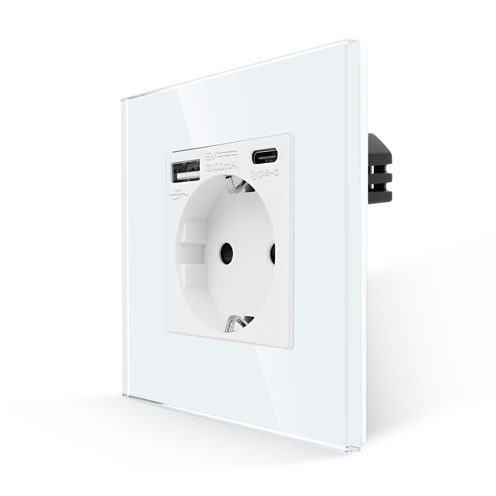 Priza Simpla + USB-A + USB-C LUXION cu Rama din Sticla - alb