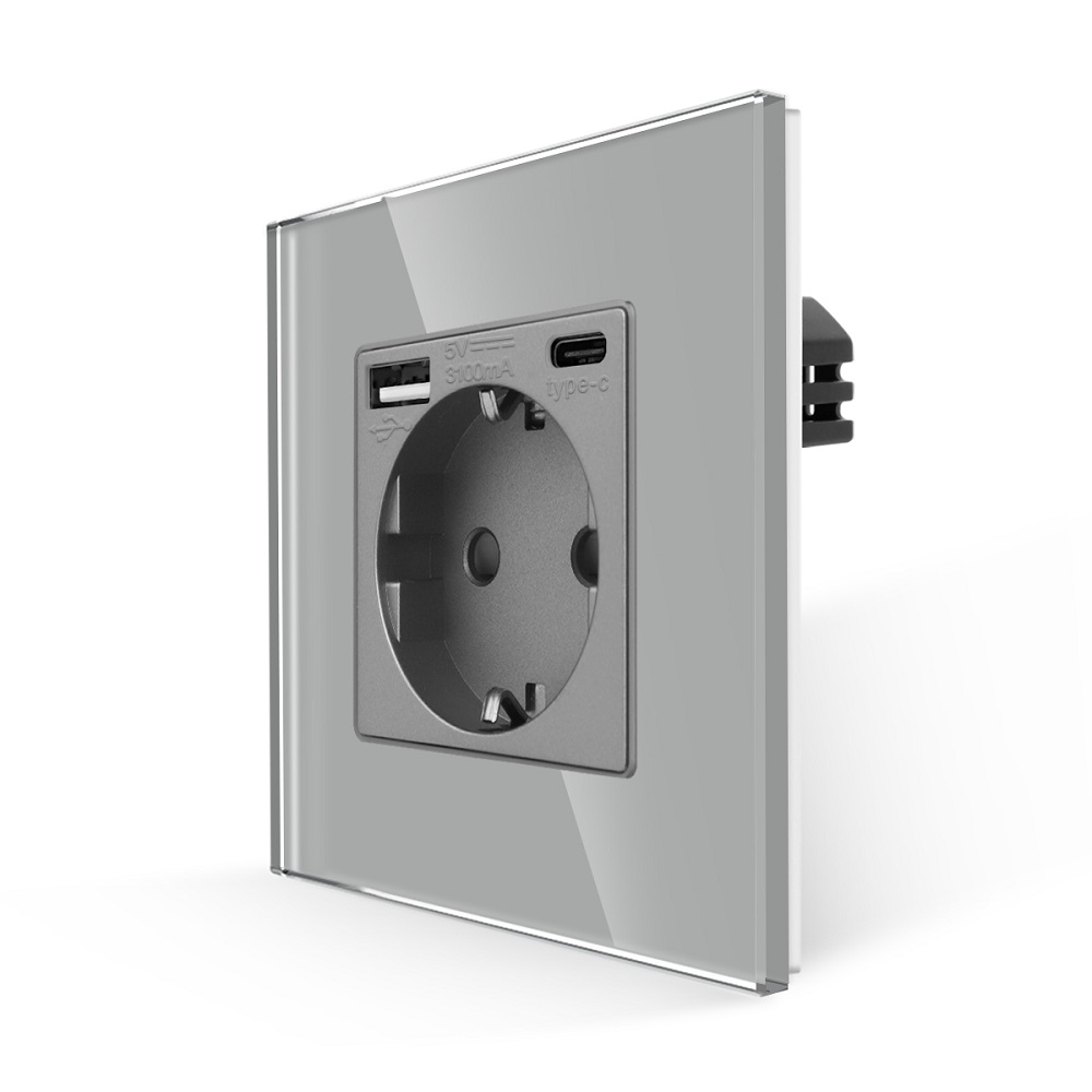 Priza Simpla + USB-A + USB-C LUXION cu Rama din Sticla - gri