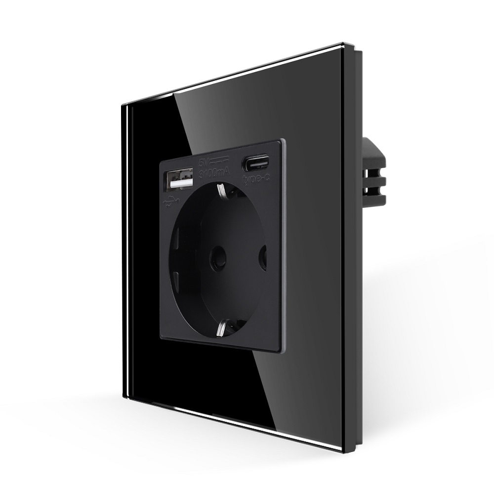 Priza Simpla + USB-A + USB-C LUXION cu Rama din Sticla - negru