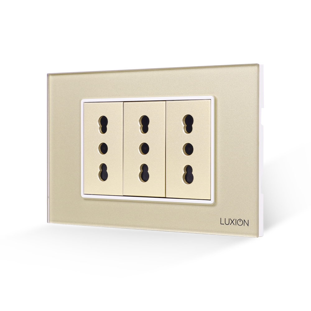 Priza Tripla cu Rama din Sticla LUXION, Standard Italian, 3M - auriu
