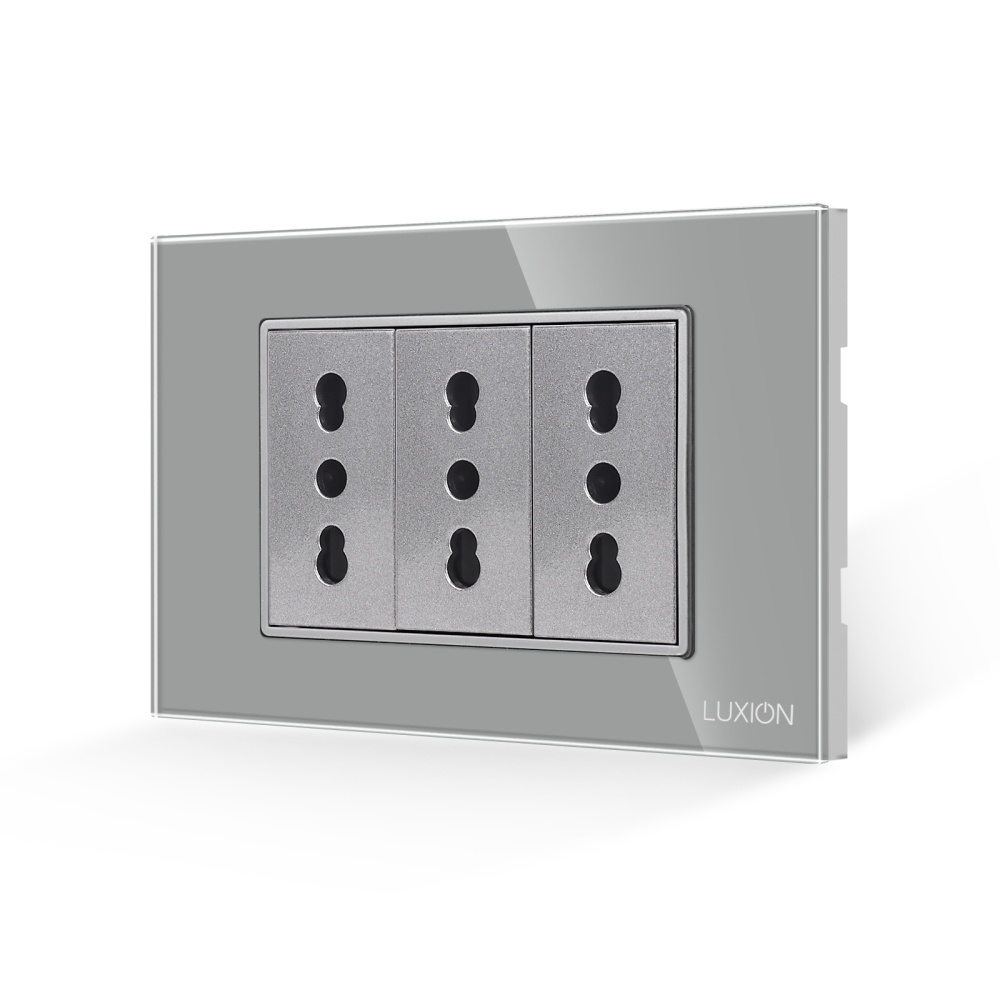 Priza Tripla cu Rama din Sticla LUXION, Standard Italian, 3M - gri