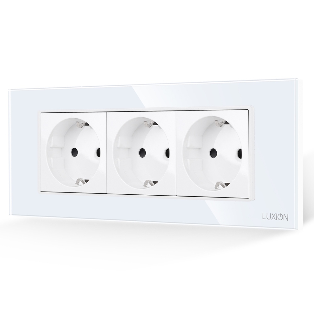 Priza Tripla cu Rama din Sticla LUXION, Standard Italian, 6M - alb