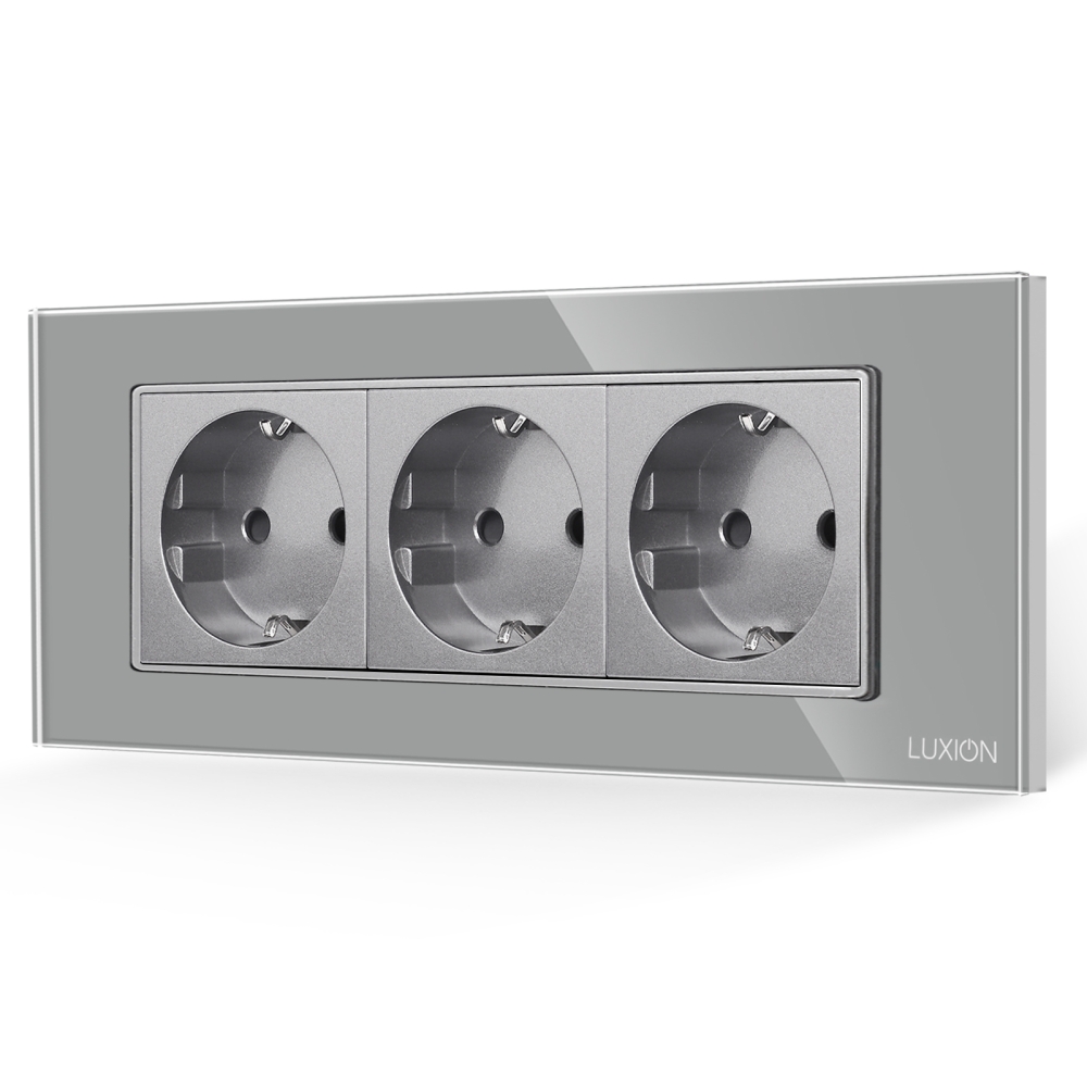 Priza Tripla cu Rama din Sticla LUXION, Standard Italian, 6M - gri