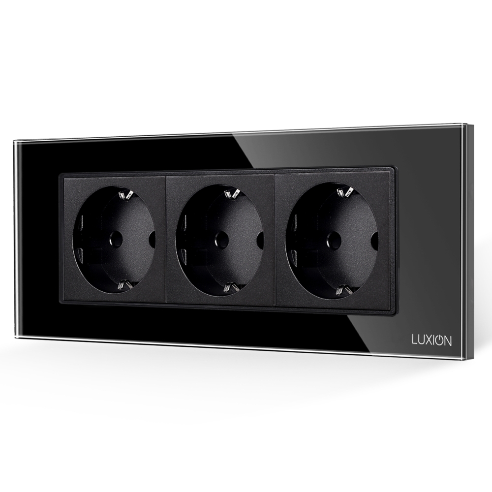 Priza Tripla cu Rama din Sticla LUXION, Standard Italian, 6M - negru