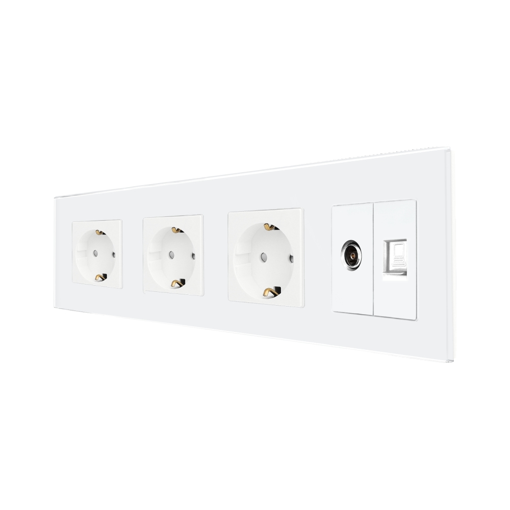 Priza Tripla Schuko + TV + Internet cu Rama Din Sticla LUXION - alb