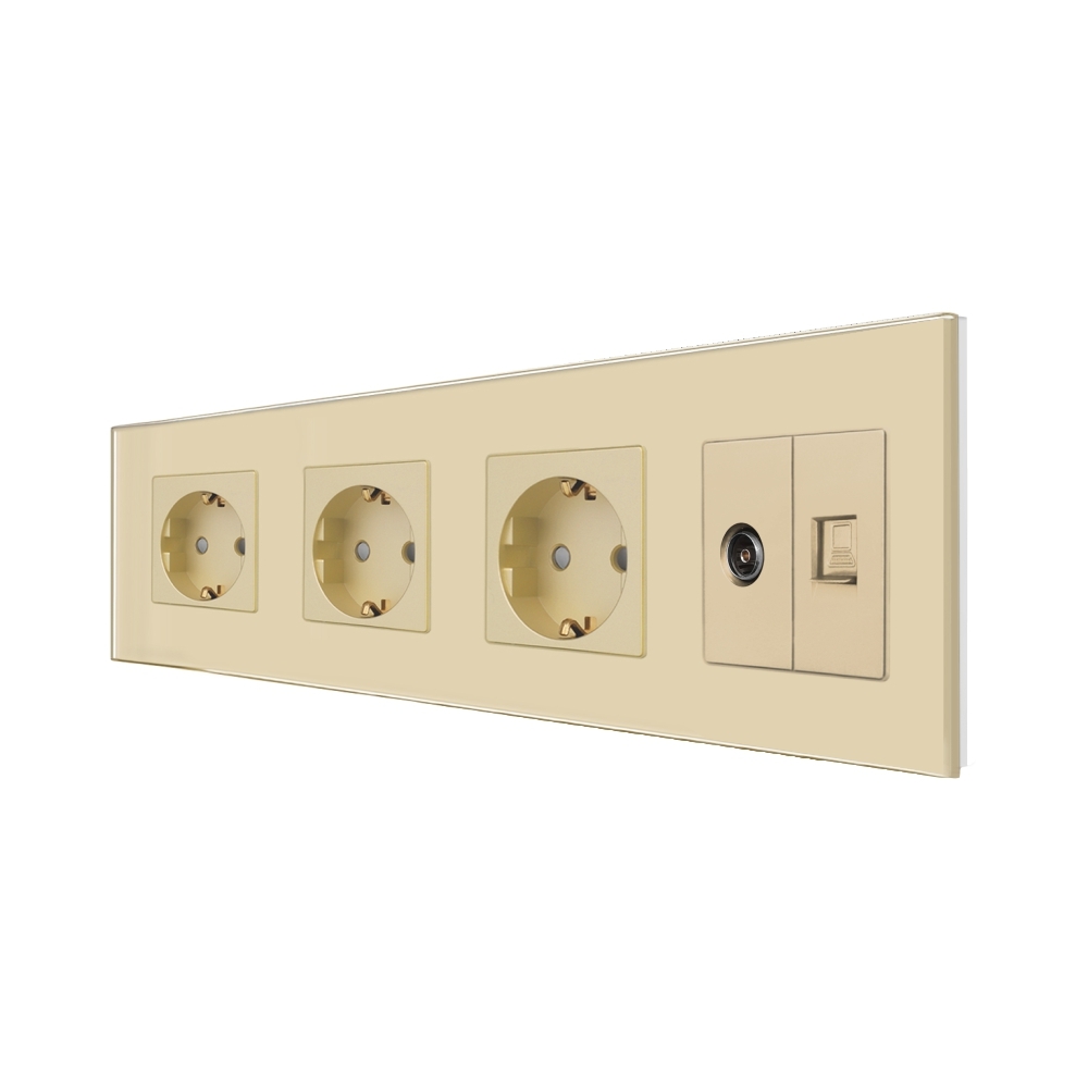 Priza Tripla Schuko + TV + Internet cu Rama Din Sticla LUXION - auriu