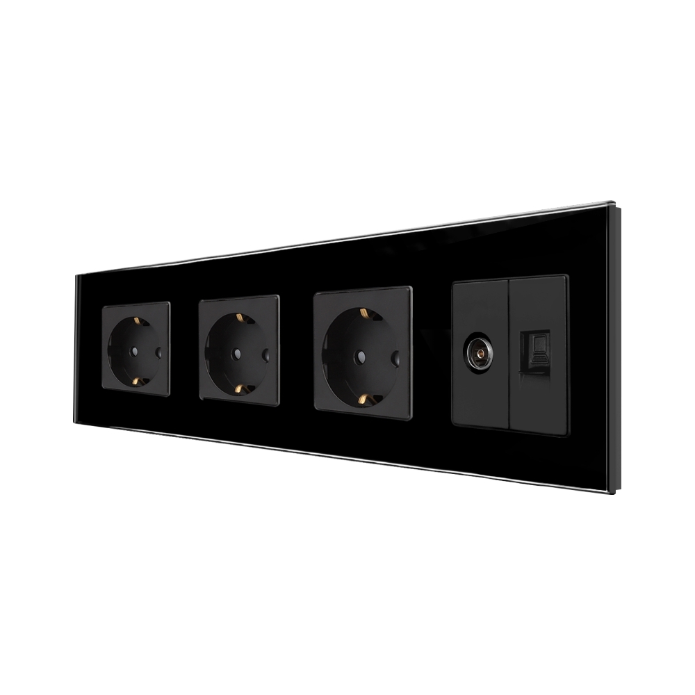 Priza Tripla Schuko + TV + Internet cu Rama Din Sticla LUXION - negru
