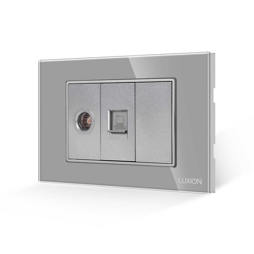 Priza TV + Internet cu Rama din Sticla LUXION, Standard Italian, 3M - gri