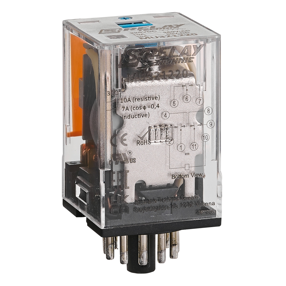 Releu broşabil, 11 pini, 3 CC, 220V c.c., 10A