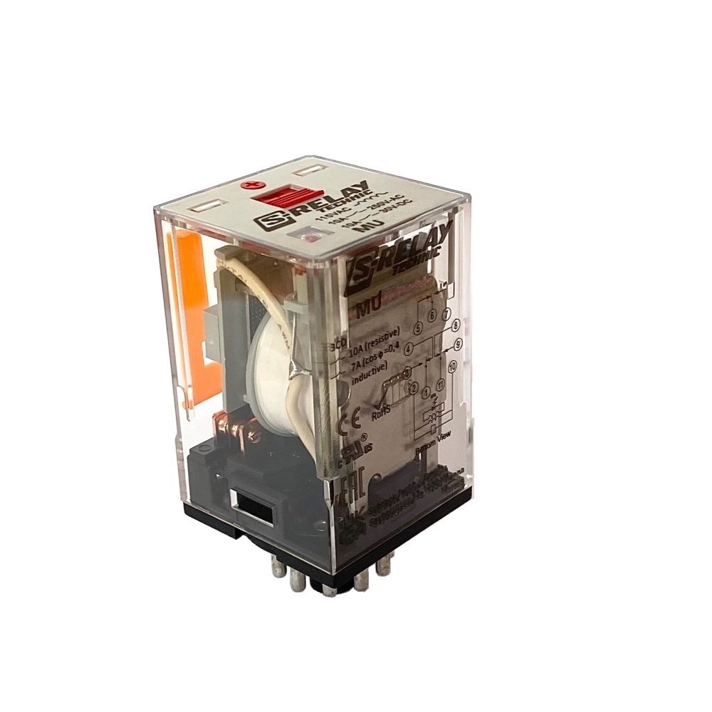 Releu broșabil, 11 pini, 3 CC, 230V c.a., 10A, cont aurite