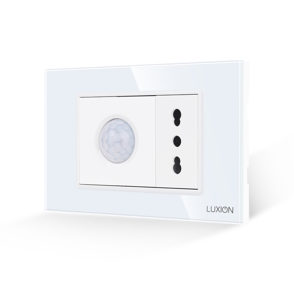 Senzor de Miscare 2M si Priza Ingusta LUXION cu Rama din Sticla, Standard Italian, 3M - alb