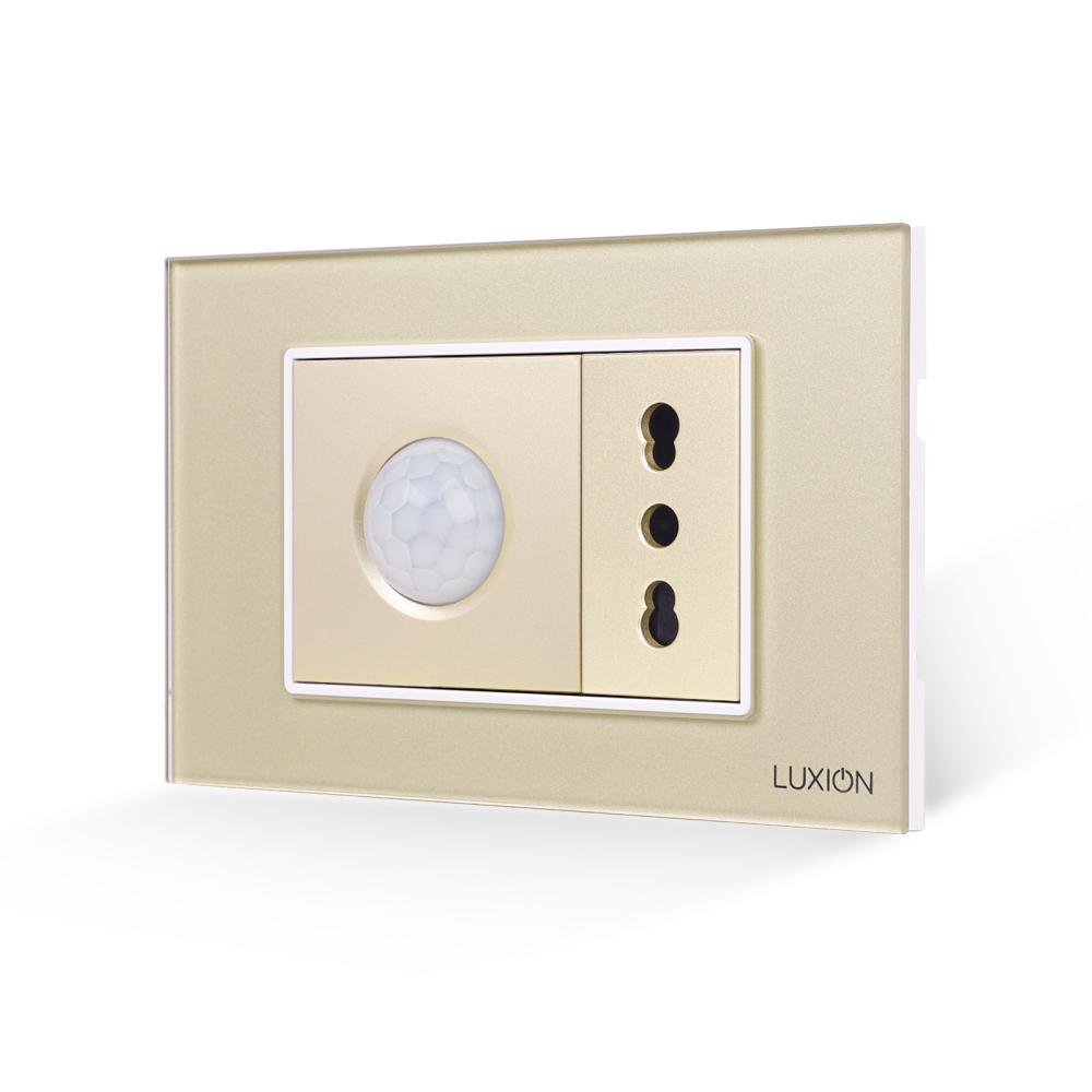 Senzor de Miscare 2M si Priza Ingusta LUXION cu Rama din Sticla, Standard Italian, 3M - auriu