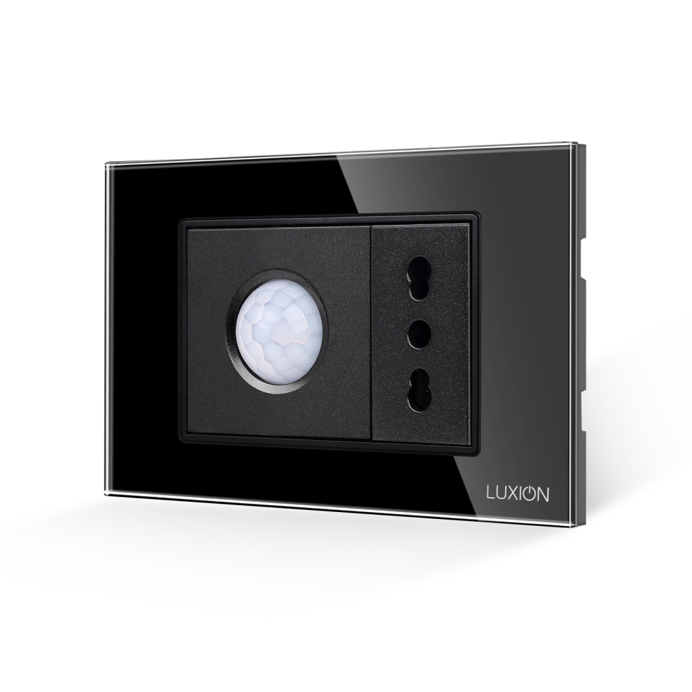 Senzor de Miscare 2M si Priza Ingusta LUXION cu Rama din Sticla, Standard Italian, 3M - negru