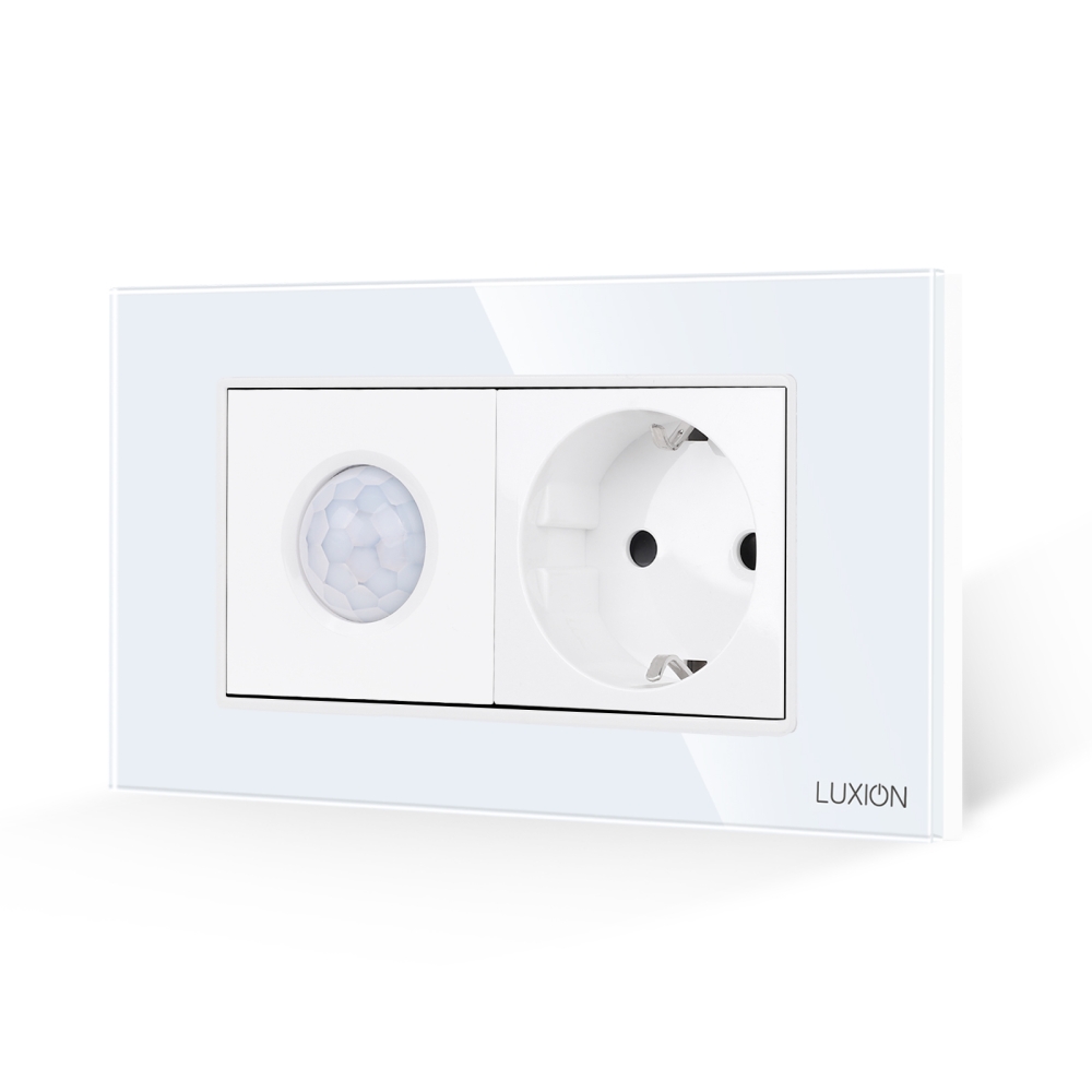 Senzor de Miscare 2M si Priza Schuko LUXION  cu Rama din Sticla, Standard Italian, 4M - alb