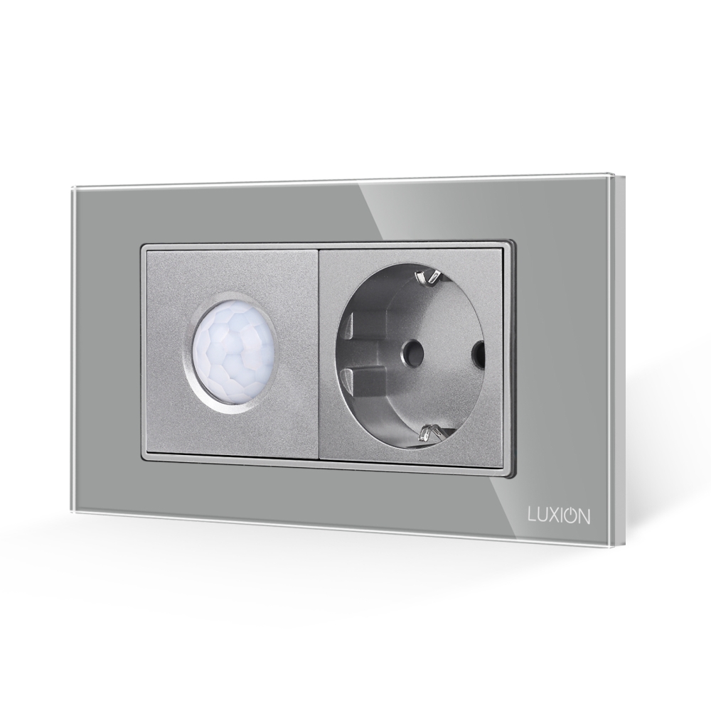Senzor de Miscare 2M si Priza Schuko LUXION  cu Rama din Sticla, Standard Italian, 4M - gri