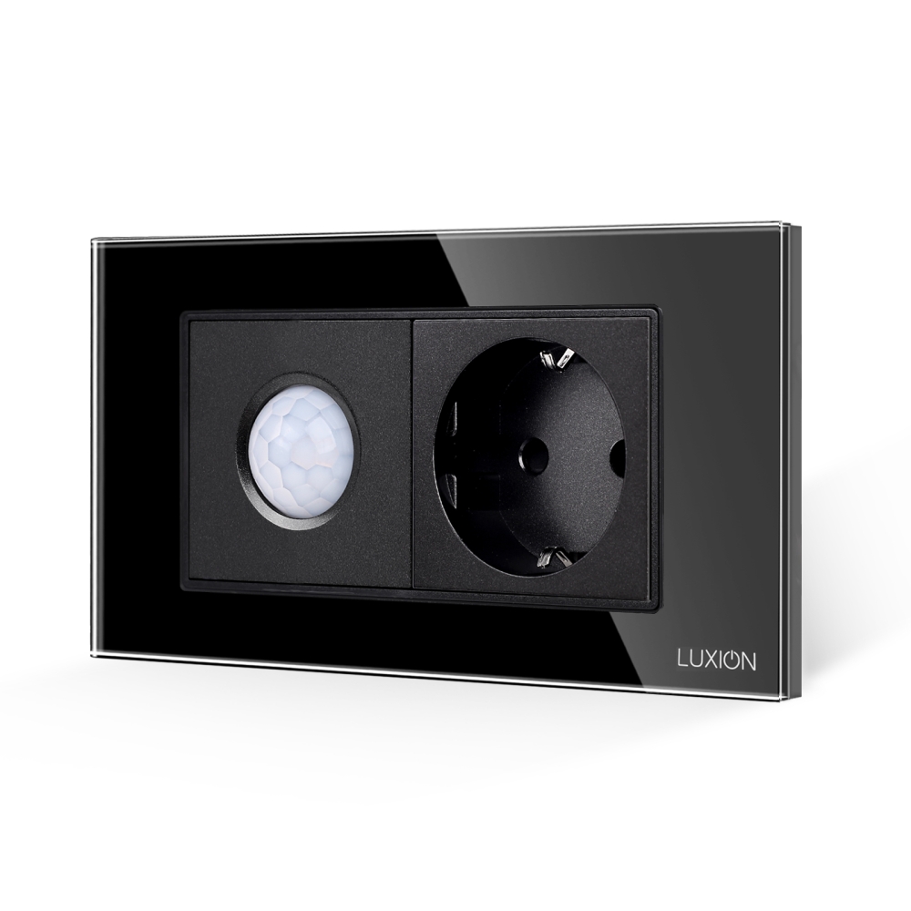 Senzor de Miscare 2M si Priza Schuko LUXION  cu Rama din Sticla, Standard Italian, 4M - negru