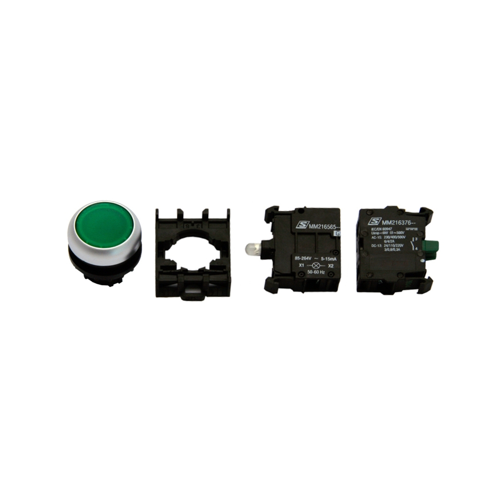 Set complet buton comandă iluminat, verde, 230V