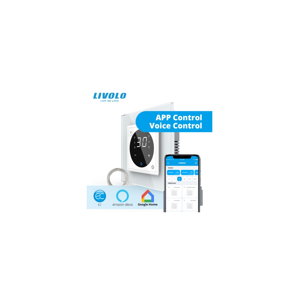 Termostat cu fir pentru incalzire in pardoseala, afisaj electronic, Generatie Noua EC, cu touch-screen, cu rama de sticla
