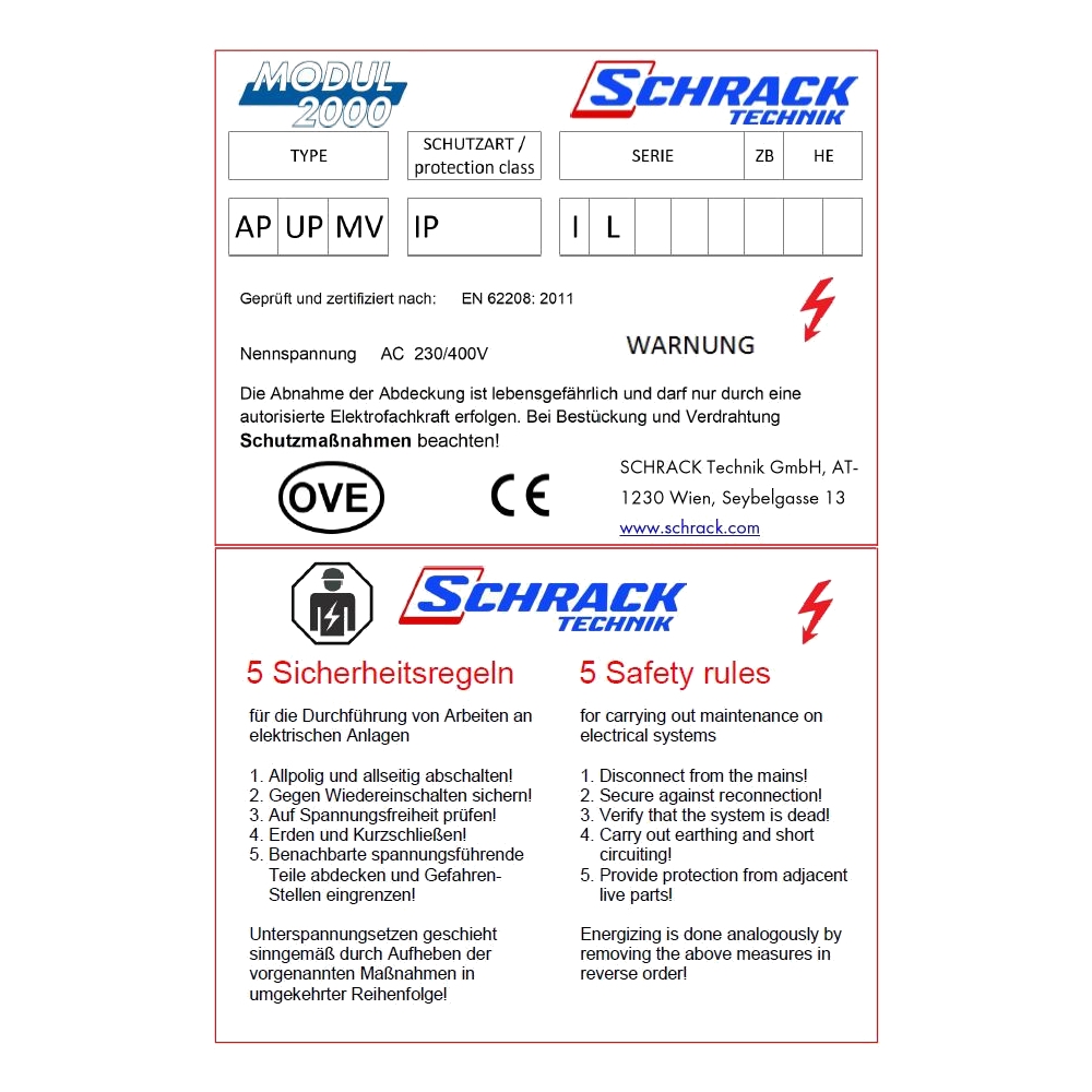 Type label Modul 2000 with the 5 safety rules