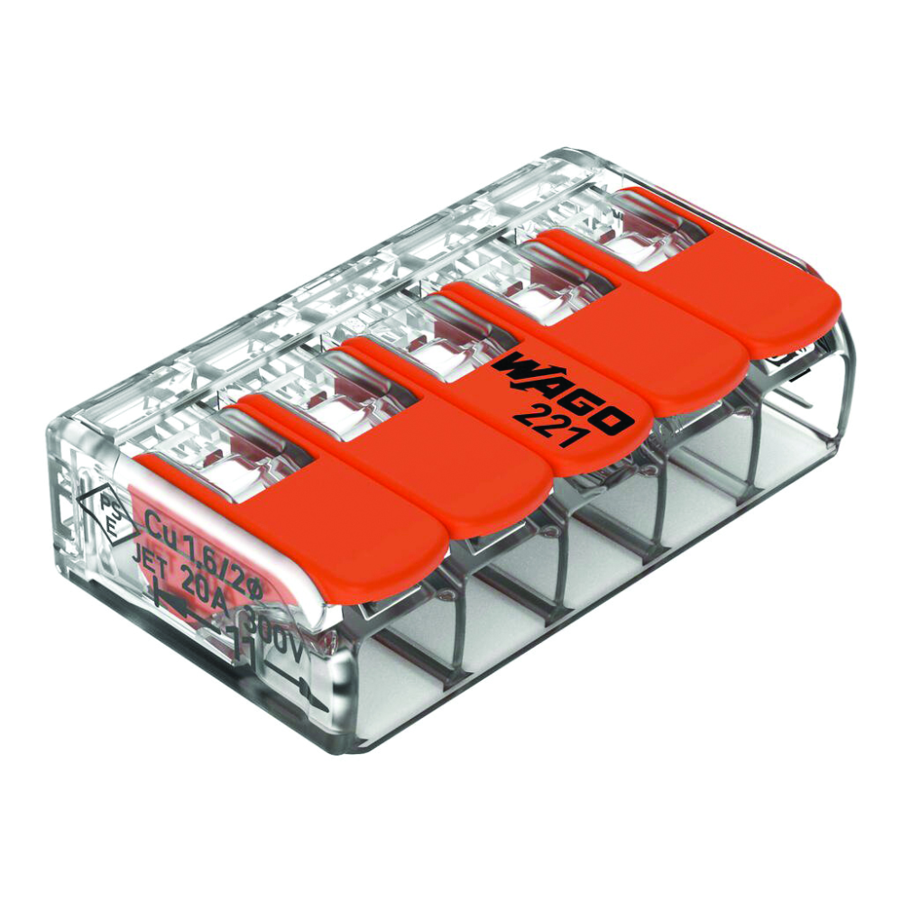 WAGO 221 CONNECTOR, 5 CONDUCTORS 0,5-4 MM2